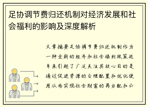 足协调节费归还机制对经济发展和社会福利的影响及深度解析
